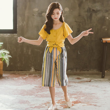 Girls’ Summer Korean Style Two-Piece Pants Set – Yellow Top & Strong Pants
