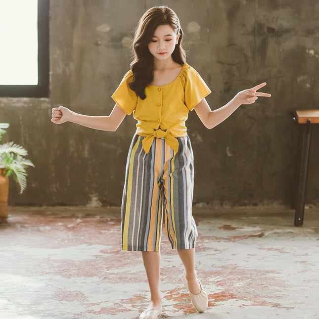 Girls’ Summer Korean Style Two-Piece Pants Set – Yellow Top & Strong Pants