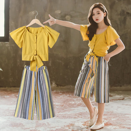 Girls’ Summer Korean Style Two-Piece Pants Set – Yellow Top & Strong Pants