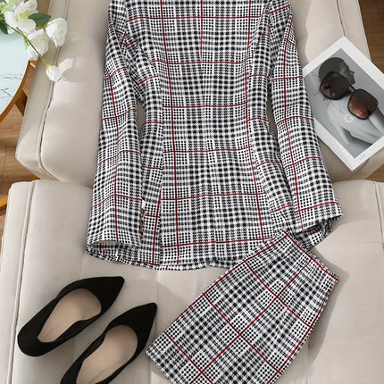 Elowen Plaid Skirt Suit Tailored Lapel Jacket & High-Waist Skirt in Elegant Check Pattern