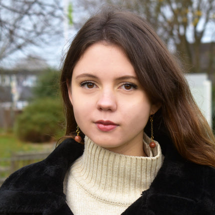 Brown Goldstone and Yellow Gold Vermeil Earrings, Heart Chain Earrings, Bloom Collection  | by nlanlaVictory-3