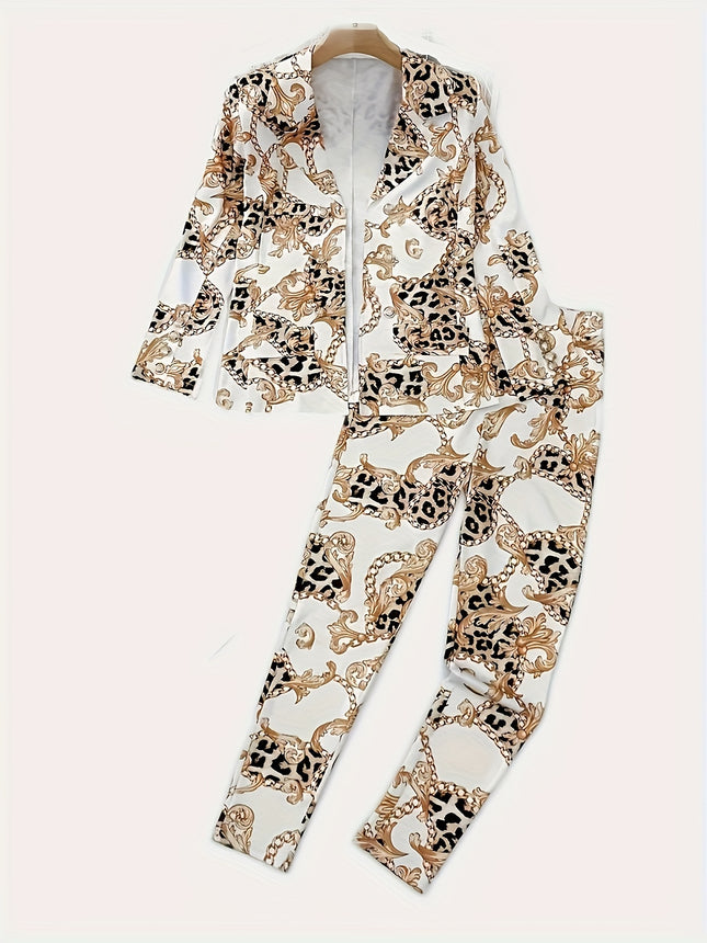Aureva Geo Set Micro-Stretch Lapel Blazer & Printed Trousers in Sculpted Spring-Fall Silhouette