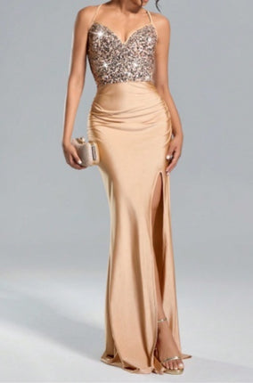 Lustra Sequin Slit Gown Suspended Backless Maxi with High Waist & Patchwork Glamour