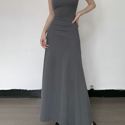High-Waist Slimming Strap Dress, Solid Color Casual A-Line Knee-Length For Women