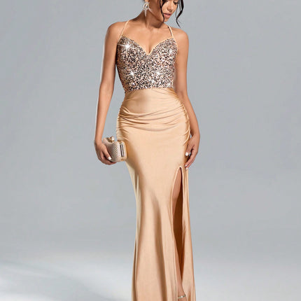 Lustra Sequin Slit Gown Suspended Backless Maxi with High Waist & Patchwork Glamour