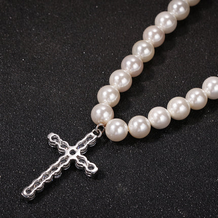 Shell Bead Pearl Necklace – Unisex Geometric Chain with Cross Pendant