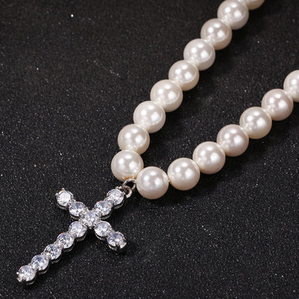 Shell Bead Pearl Necklace – Unisex Geometric Chain with Cross Pendant