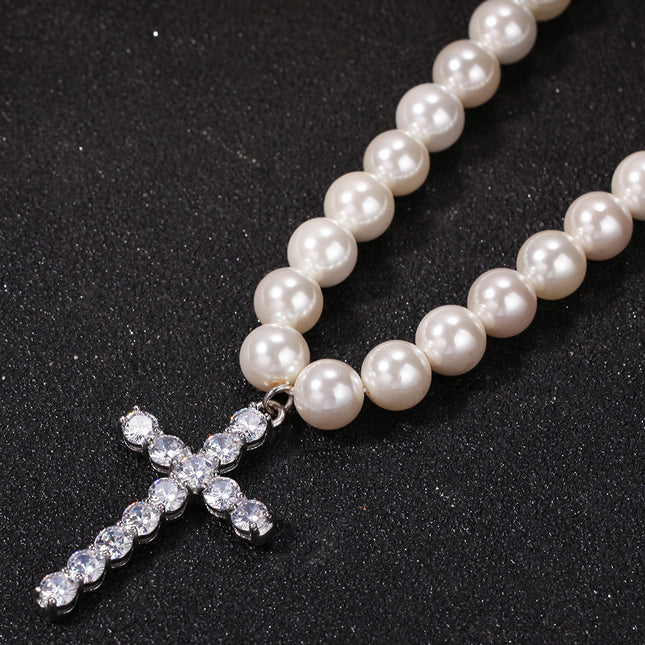 Shell Bead Pearl Necklace – Unisex Geometric Chain with Cross Pendant