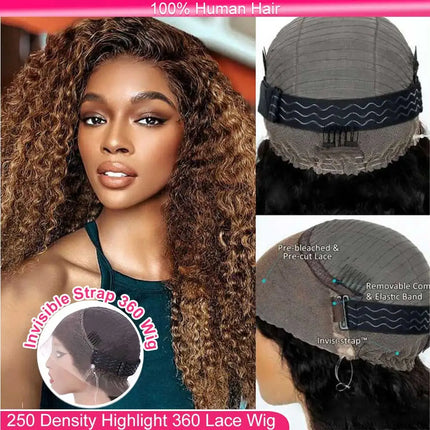 Invisible Strap Highlight 360 Full Hd Lace Front Wig 250 Density Honey Blonde Glueless Wig H Deep Wave Frontal Wig Human Hair