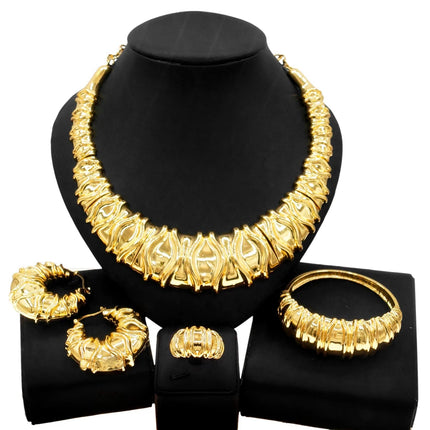 Fashion Dubai Gold Plated Women Jewelry Italian Design Style Big Necklace Banquet Festive Earrings Ring Accessories