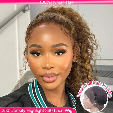 Invisible Strap Highlight 360 Full Hd Lace Front Wig 250 Density Honey Blonde Glueless Wig H Deep Wave Frontal Wig Human Hair