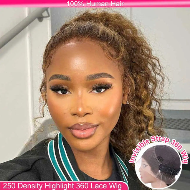 Invisible Strap Highlight 360 Full Hd Lace Front Wig 250 Density Honey Blonde Glueless Wig H Deep Wave Frontal Wig Human Hair
