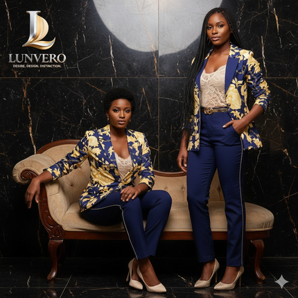 Celestine Chain Set Printed Slim-Fit Blazer & Pure Blue Leggings in Sculpted All-Season Elegance