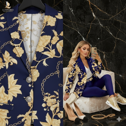 Celestine Chain Set Printed Slim-Fit Blazer & Pure Blue Leggings in Sculpted All-Season Elegance