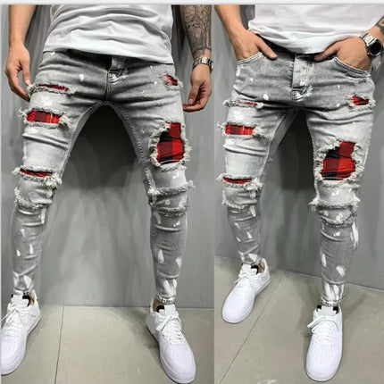 Fashion Men's Ripped Jeans Holes Zipper With Paint Slim Stretch Pencil Long Pants for Men Europe Style Casual Jeans