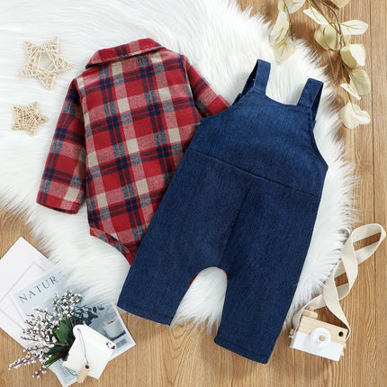FOCUSNORM 2 Colors Autumn Baby Boys Gentleman Clothes Sets 2pcs Plaid Printed Shirts Romper+Cartoon Bear Overalls Pants