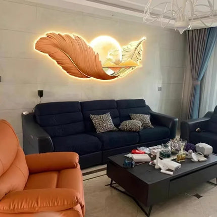 Luxury Feather Living Room Home Decoration Painting Light Luxury Sofa Background Wall Carved Wall Art LED Wholesale Custom