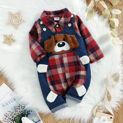 FOCUSNORM 2 Colors Autumn Baby Boys Gentleman Clothes Sets 2pcs Plaid Printed Shirts Romper+Cartoon Bear Overalls Pants