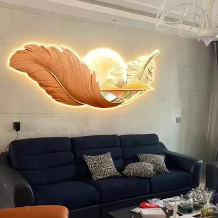 Luxury Feather Living Room Home Decoration Painting Light Luxury Sofa Background Wall Carved Wall Art LED Wholesale Custom