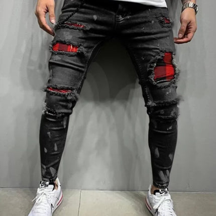 Fashion Men's Ripped Jeans Holes Zipper With Paint Slim Stretch Pencil Long Pants for Men Europe Style Casual Jeans