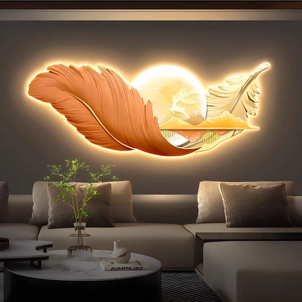 Luxury Feather Living Room Home Decoration Painting Light Luxury Sofa Background Wall Carved Wall Art LED Wholesale Custom