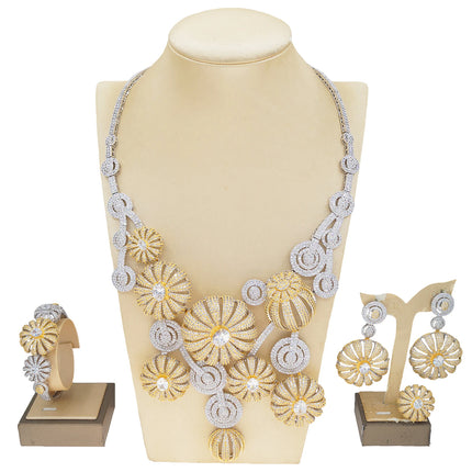 Yulaili big two tone flower American Zirconia Jewelry Set statement Necklace Bracelet Earrings Ring Four Pieces Set for Wedding
