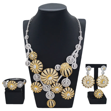 Yulaili big two tone flower American Zirconia Jewelry Set statement Necklace Bracelet Earrings Ring Four Pieces Set for Wedding