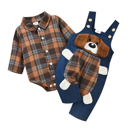 FOCUSNORM 2 Colors Autumn Baby Boys Gentleman Clothes Sets 2pcs Plaid Printed Shirts Romper+Cartoon Bear Overalls Pants