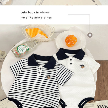 Summer Baby White Striped Bodysuits for Newborns Boys Girls Romper Onesie Cotton Short Sleeve Turn Down Collar Infant Jumpsuit