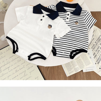 Summer Baby White Striped Bodysuits for Newborns Boys Girls Romper Onesie Cotton Short Sleeve Turn Down Collar Infant Jumpsuit