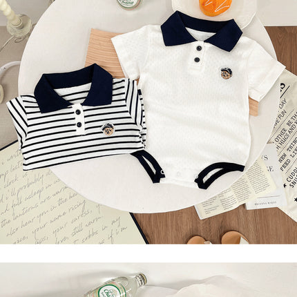 Summer Baby White Striped Bodysuits for Newborns Boys Girls Romper Onesie Cotton Short Sleeve Turn Down Collar Infant Jumpsuit