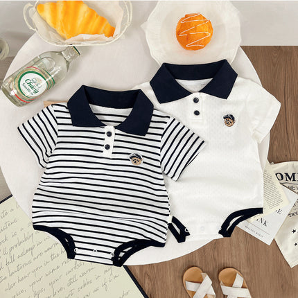 Summer Baby White Striped Bodysuits for Newborns Boys Girls Romper Onesie Cotton Short Sleeve Turn Down Collar Infant Jumpsuit
