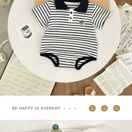 Summer Baby White Striped Bodysuits for Newborns Boys Girls Romper Onesie Cotton Short Sleeve Turn Down Collar Infant Jumpsuit