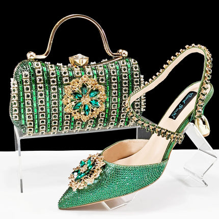 African Special Banquet Elegant Style Silver Color Party Wedding Pointed Toe  Heel Women Shoes and Bag Set With Rhinestone