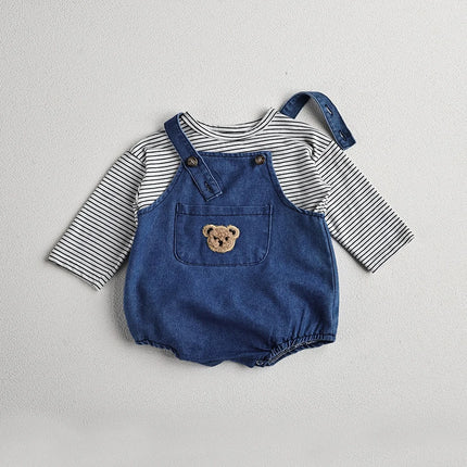 2024 Summer Cool Toddler Baby Clothing Set for Newborn Girls Striped T-shirt and Denim Bodysuits Overalls 2Pcs Boys Suits