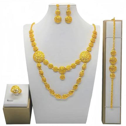 France Ethiopian Gold Color Jewelry Set For Women Dubai Necklace Bracelet Earrings Ring Set African Wedding Choker Wholesale