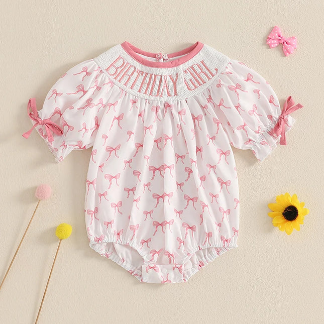 6M-18M Toddler Baby Girl Birthday Outfit Smocked Birthday Girl Embroidery Romper Bow Print Bodysuit Summer Outfit