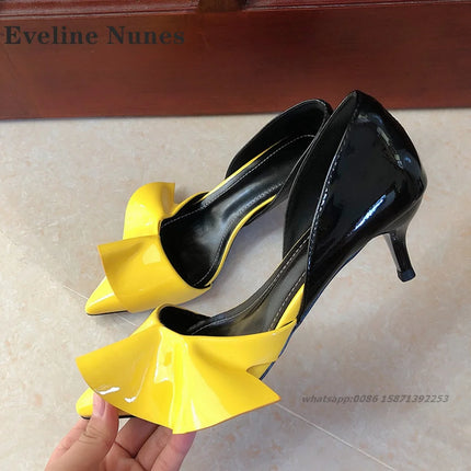 Ruffles Patent Leather Women Sandals Pointed Toe Stiletto Cover Heel Side Air High Heels Mixed Colors Slip On Shallow Shoes Sexy