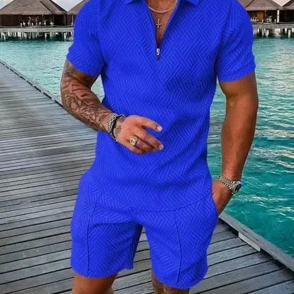 New 2025 Men's Polo Suit Fashion Men Sets Solid Summer V-neck Zipper Short Sleeve POLO Shirt+Shorts Two Pieces Men Casual Suit