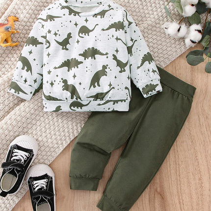 Spring and Autumn Two-Piece Baby Boy Sports Leisure Comfortable Dinosaur Pattern Long Sleeve Top Army Green Pants Suit