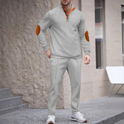 Men's new autumn style American stand-up collar button elbow patch color-block long-sleeve hoodie and pants set