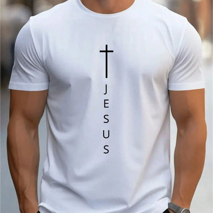 Men's Summer 100 Cotton Fashionable Casual Loose Large Cross and Jesus Letter Printed Sports Round Neck Short Sleeve T-shirt Top