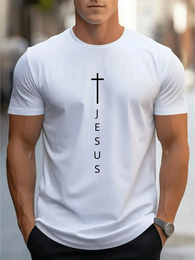 Men's Summer 100 Cotton Fashionable Casual Loose Large Cross and Jesus Letter Printed Sports Round Neck Short Sleeve T-shirt Top