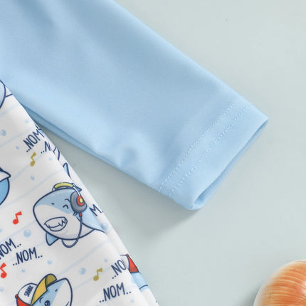 Toddler Baby Boys Swimsuit with Swim Cap Infant Rash Guard Summer Dinosaur/Shark Print Long Sleeve Zip Bathing Suit Beachwear