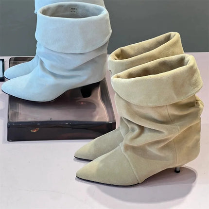 Arden Furtado 2025 Spring leopard print Large tubular boots Pointed toe Slip-on Pleated Middle heel Modern boots Short boots