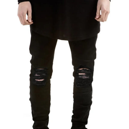 Denim Pencil Ankle Length Pants Men Jean Ripped Washed Zipper Fly Hole Jeans Skinny Solid Pockets High Street Distressed