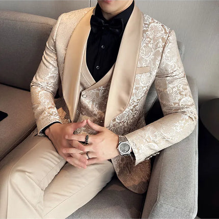 New (Blazer+vest+pants) for Men. Fashion. Casual. British Style. Singer Performance. High Density Jacquard Wedding Dress. Suit