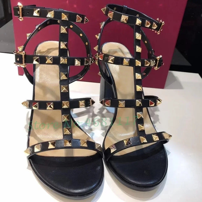 Rivets T-Strap Summer Heels Sandals Women's Luxury Trendy Chunky Heels Sandals Studded Slingback Casual Summer White Party Shoes