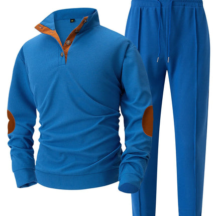 Men's new autumn style American stand-up collar button elbow patch color-block long-sleeve hoodie and pants set