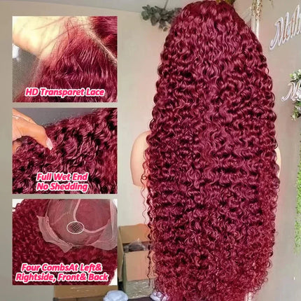 Deep Wave 99J Burgundy 13x6 Transprent Lace Frontal Wig Human Hair 13x4 Curly 30 40 Inch HD Lace Front Wigs Red Wine Water Wave